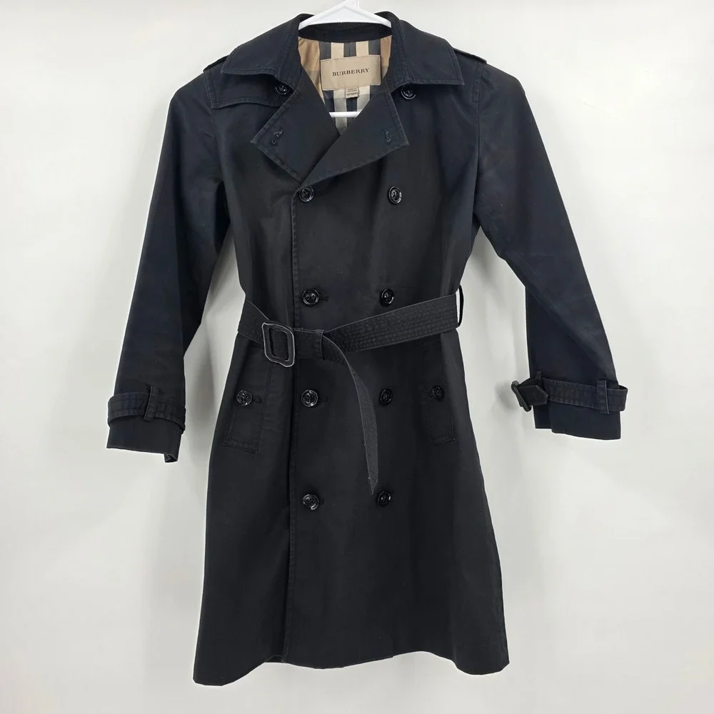 BURBERRY TRENCH COAT KIDS SIZE 8 YOUTH BLACK DOUBLE BREASTED NOVA CHECK LINING